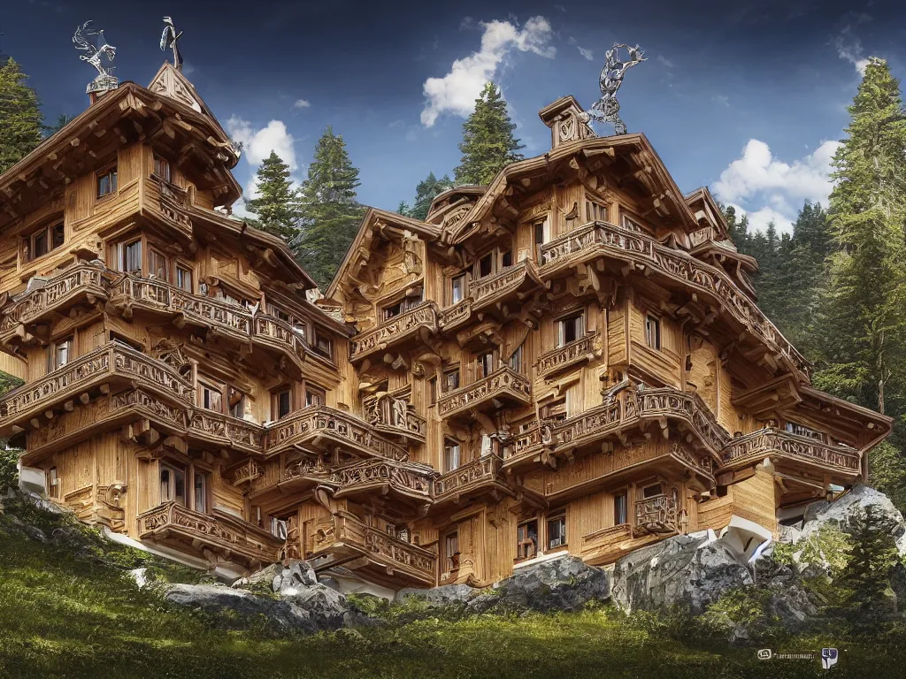 Image similar to Beautiful Swiss chalet built on a landscape of an intricate watch mechanism, cogs, gears, gearwheels, levers, jewels, shiny silver, shiny gold, engraved metal, architectural render, futuresynth, by Gabriel Dawe, by Skottie Young, by Jessica Rossier, by Isaac Cordal, Rolex, Breitling, Hublot, Jacob & Co, Tag Heur, (steampunk)