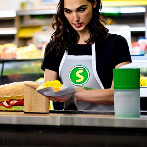 Image similar to Photo of Gal Gadot working the counter at Subway.