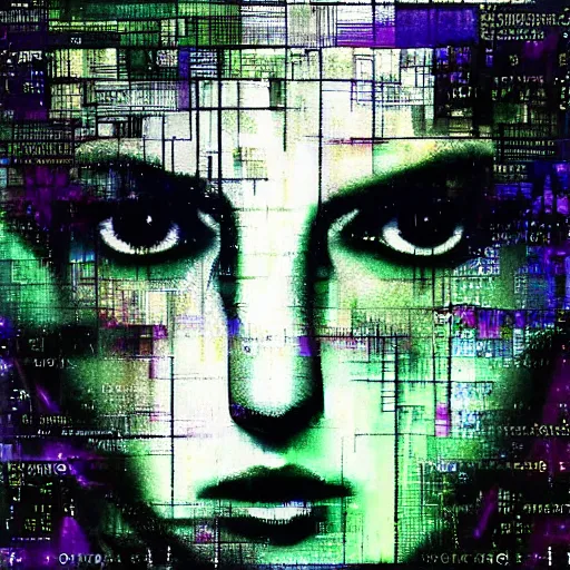 Image similar to portrait of an elven druid modest woman, mysterious, glitch effects over the eyes, shadows, by Guy Denning, by Johannes Itten, by Russ Mills, centered, glitch art, innocent, hacking effects, chromatic, cyberpunk, color blocking, digital art, concept art, abstract