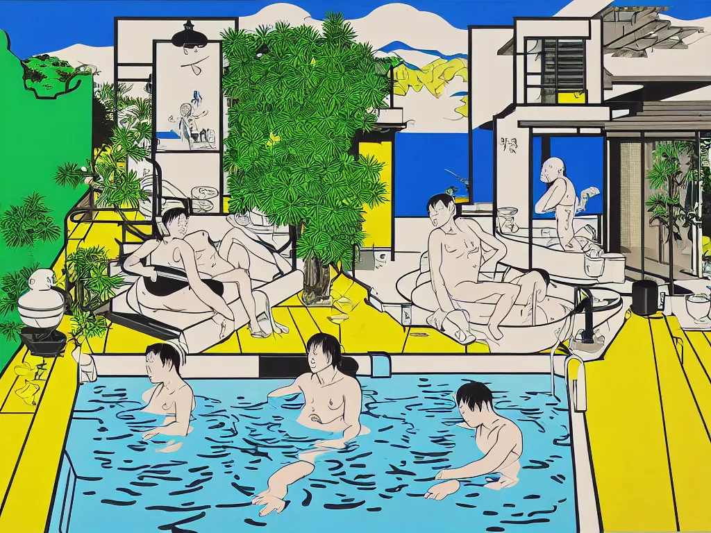 Image similar to hyperrealism composition of the japanese house with a hot springs in the garden, two detailed stormtroopers bathe in a hot spring, pop - art style, jacky tsai style, andy warhol style, roy lichtenstein style, acrylic on canvas