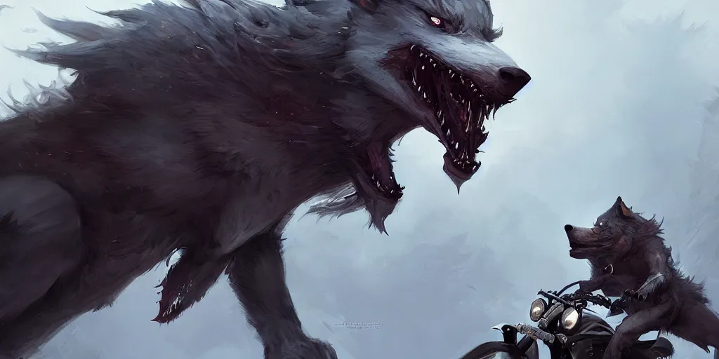 Image similar to Crazy werewolf riding a motorbike, level design, Greg Rutkowski, artstation, CGSociety, Unreal Engine, matte paiting, ultra realistic, award winning, artstation, unreal render