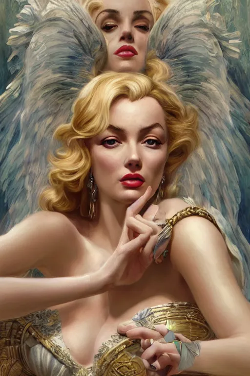Image similar to ultra realistic illustration, a stunningly beautiful greek goddess of chaos played by marilyn monroe and christina hendricks and margot robbie and taylor swift and megan fox and emma stone and britney spears, intricate, elegant, highly detailed, digital painting, artstation, concept art, smooth, sharp focus, illustration, art by artgerm and greg rutkowski and alphonse mucha