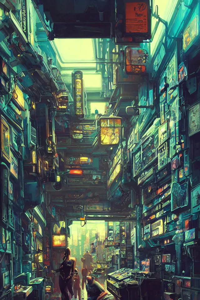 Prompt: masterpiece, beautiful highly detailed postmodern sci - fi cyberpunk art bazaar, miscellaneous art shoppe stall, interior of cyberpunk bazaar, cinematic moody colors, welcome, to the shop, realistic shaded lighting poster by ilya kuvshinov, magali villeneuve, artgerm, jeremy lipkin and michael garmash, liminal space market