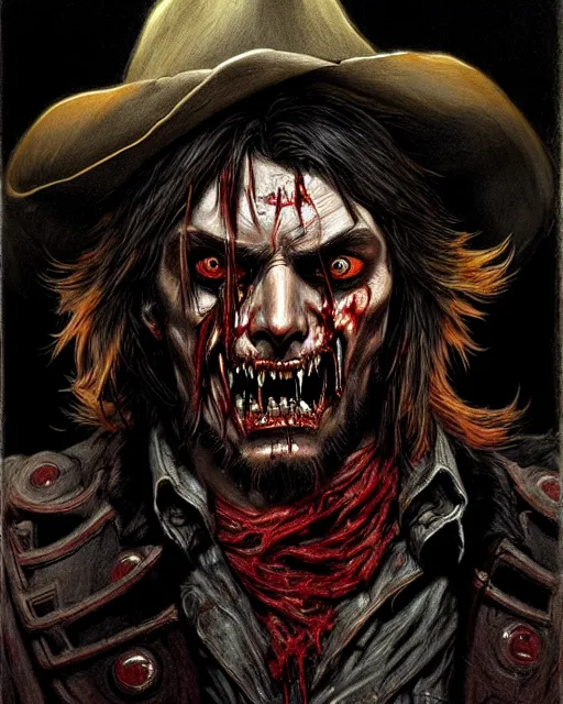 Image similar to mccree from overwatch, evil zombie, crazed look in his eyes, character portrait, portrait, close up, concept art, intricate details, highly detailed, horror poster, horror, vintage horror art, realistic, terrifying, in the style of michael whelan, beksinski, and gustave dore