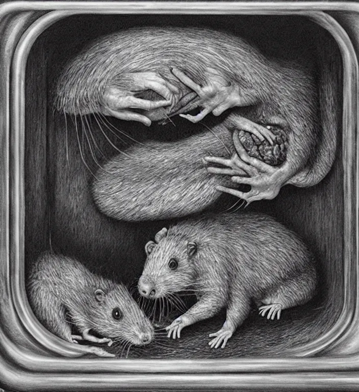 Image similar to woman puts a big rat in the oven 90s by Laurie Lipton, high detailed, realistic,dark surrealism, hyper detailed