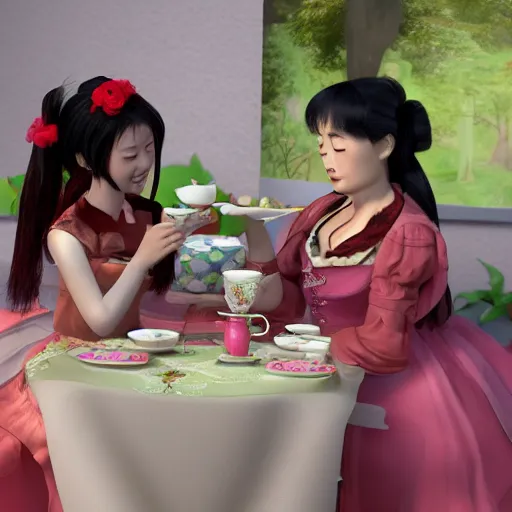 Image similar to Meilin Lee from Turning Red and Mirabel Madrigal from Encanto having a tea party, 8k, ultra realistic, highly detailed