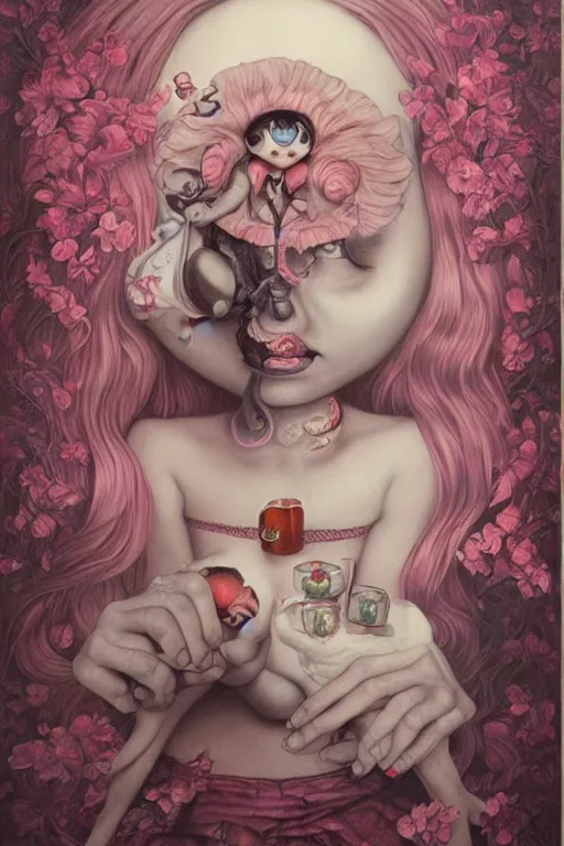 Image similar to pop surrealism, lowbrow art, realistic cute girl painting, alice in wonderland, hyper realism, muted colors, trevor brown, mark ryden style