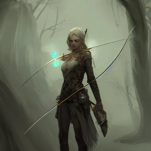 Prompt: beautiful extremely detailed intricate concept art depicting an archer by charlie bowater. shining jewelry. grey atmosphere. particles in the background. artstation