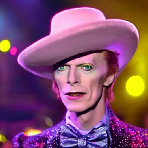 Prompt: awe inspiring David Bowie playing Willy Wonka 8k hdr movie still dynamic lighting