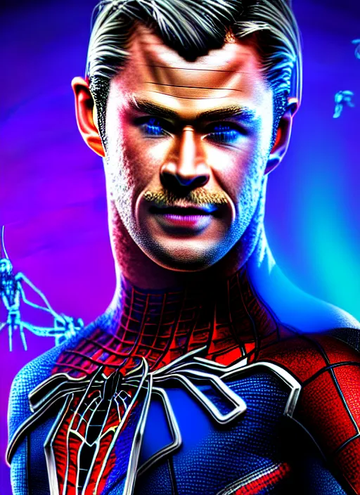 Image similar to chris hemsworth as futuristic spiderman, highly detailed, 4 k, hdr, award - winning, artstation, octane render