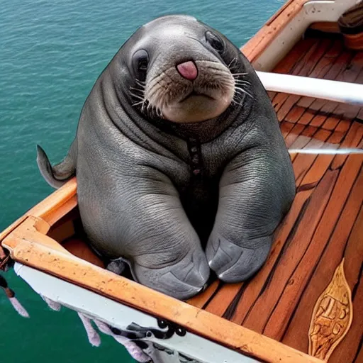 Prompt: incredibly fantastically stupendously exagerratedly fluffy incredibly tiny winged pygmy baby manatee walrus hybrid being cradled by a pirate captain the deck of his ship, realistic, fantasy, pet, adorable, national geographic