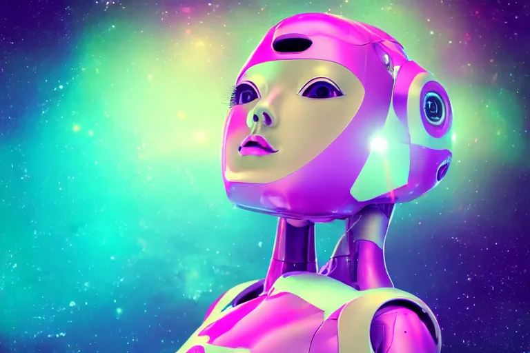 Prompt: a beautiful calm robot girl looking up to the stars, photograph, colorful background, render, 3 d, render, 8 k, 4 d,