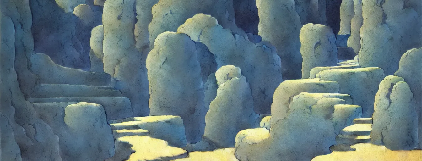 Prompt: a gorgeous blue desert landscape painting by barlowe wayne maxfield parrish and marco mazzoni. grey blue and very little light verdancy. the winding stone steps. ultra clear detailed. 3 d, octane render.