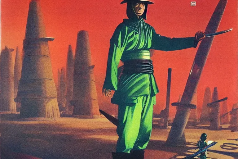 Image similar to 1979 OMNI Magazine Cover of a a samurai in a conical hat. in cyberpunk style by Vincent Di Fate