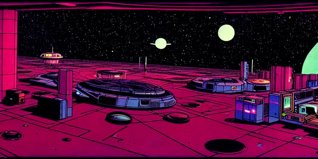 Image similar to interior shot of a space port at night, retro punk, ink by Frank Miller, cinematography by Jim Jarmusch, composition by Hale Woodruff, soundtrack by Aphex Twin, background by Moebius.