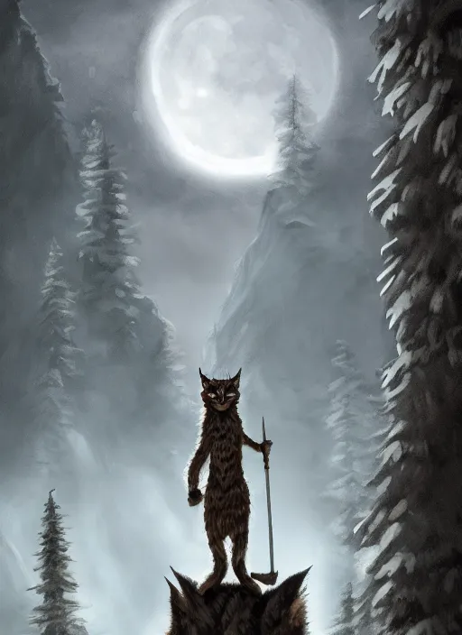 Prompt: anthropomorphic lynx standing tall, holding a scepter, night, spruce trees on the sides, mountains in the background, eerie dark atmosphere, moonlit, back light, fantasy movie, fantasy art, fantasy matte painting, trending on artstation