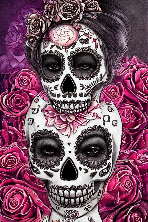 Image similar to Illustration of a sugar skull day of the dead girl, art by Andrew Ferez