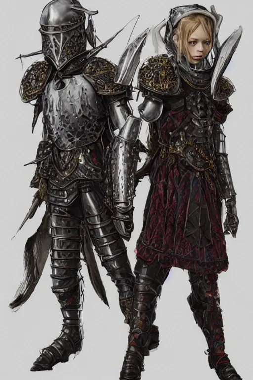 Image similar to Render of Young Olsen twins as a medieval fantasy knight wearing dark steel scale armor and garments, red and blue jewerly ornaments, emerald jewelry, high fantasy, gothic, Sparth style, Final Fantasy style, Tsutomu Nihei style, Emil Melmoth style, Craig Mullins style, Shinkawa style, centered image, golden hour, soft lighting aesthetic, volumetric lighting,