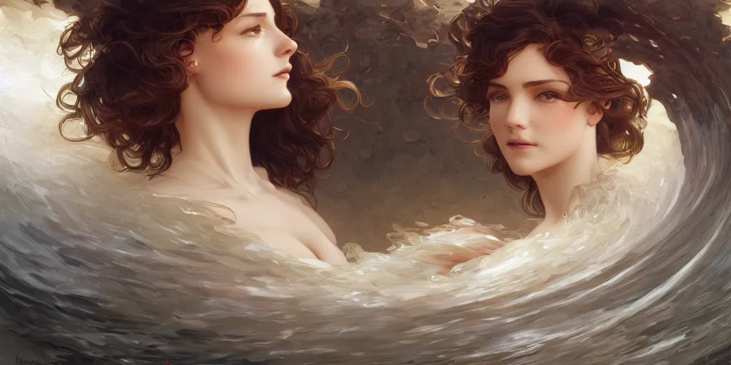 Image similar to inside the curl of a wave, elegant, highly detailed, digital painting, artstation, concept art, smooth, sharp focus, illustration, ArtStation, art by artgerm and greg rutkowski and alphonse mucha and J. C. Leyendecker and Edmund Blair Leighton and Charlie Bowater