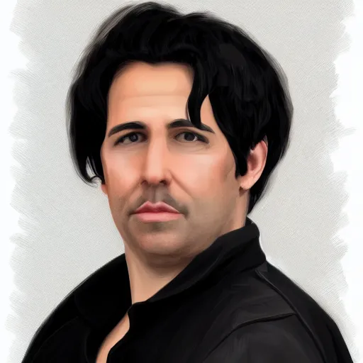 Prompt: a digital portrait of a 41 year old with black hair,hazel green eyes, drawn in the style of mark Arian