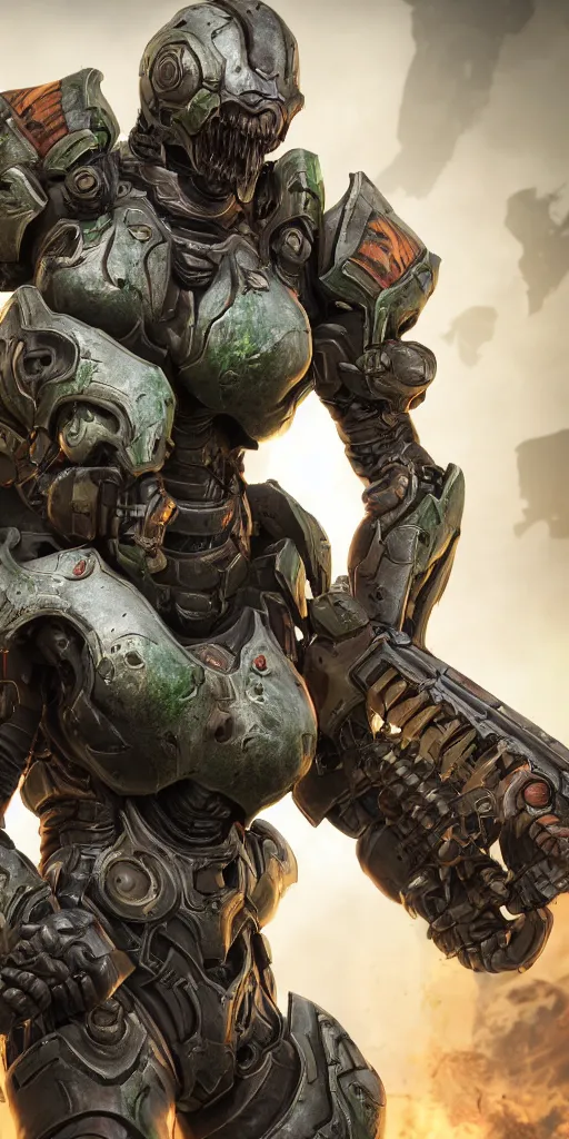 Image similar to female doom slayer extreme details epic dramatic realistic unreal engine render