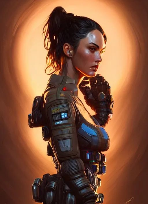 Image similar to portrait of apex legends megan fox, intricate, elegant, glowing lights, highly detailed, digital painting, artstation, glamor pose, concept art, smooth, sharp focus, illustration, art by artgerm and greg rutkowski, artey freytag