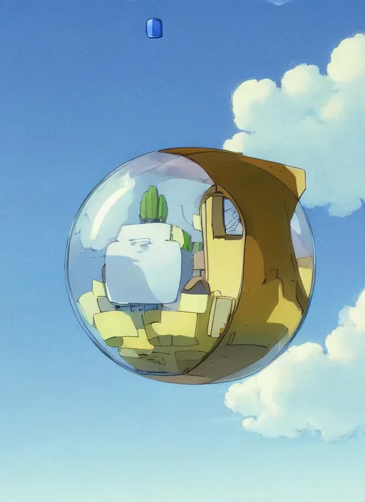 Prompt: an asymmetrical cell - shaded studio ghibli concept art study of a metal cube inside a transparent bubble in the sky. wide shot, very dull colors, hd, 4 k, hq