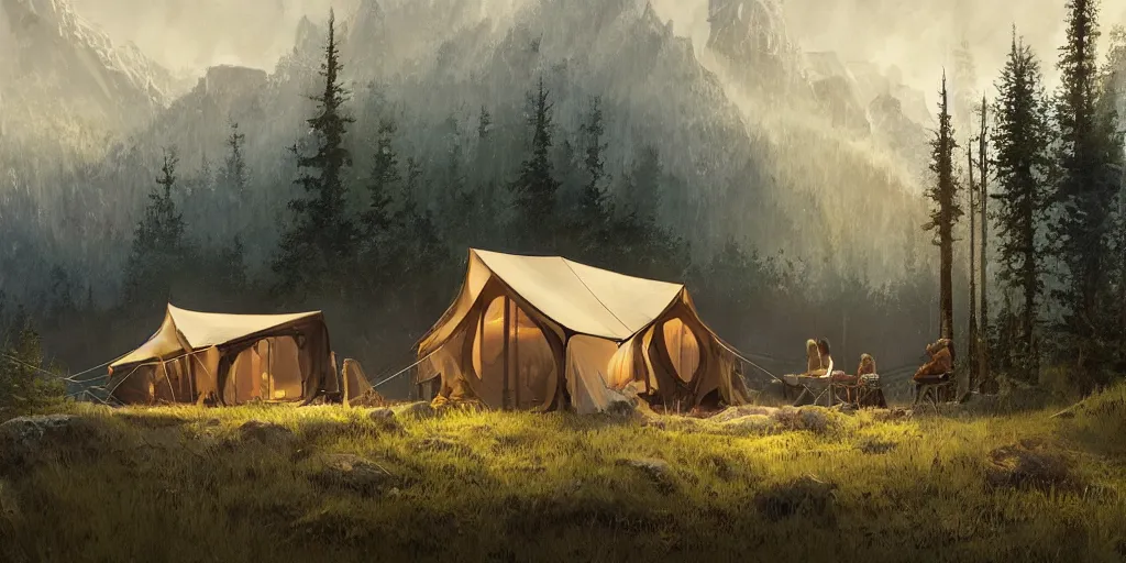 Image similar to cabela's tent fabric shelled pop up family dwelling unit, cabin, modular, person in foreground, mountainous forested wilderness open fields, beautiful views, painterly concept art, joanna gaines, environmental concept art, farmhouse, magnolia, concept art illustration by ross tran, james gurney, by craig mullins, by greg rutkowski