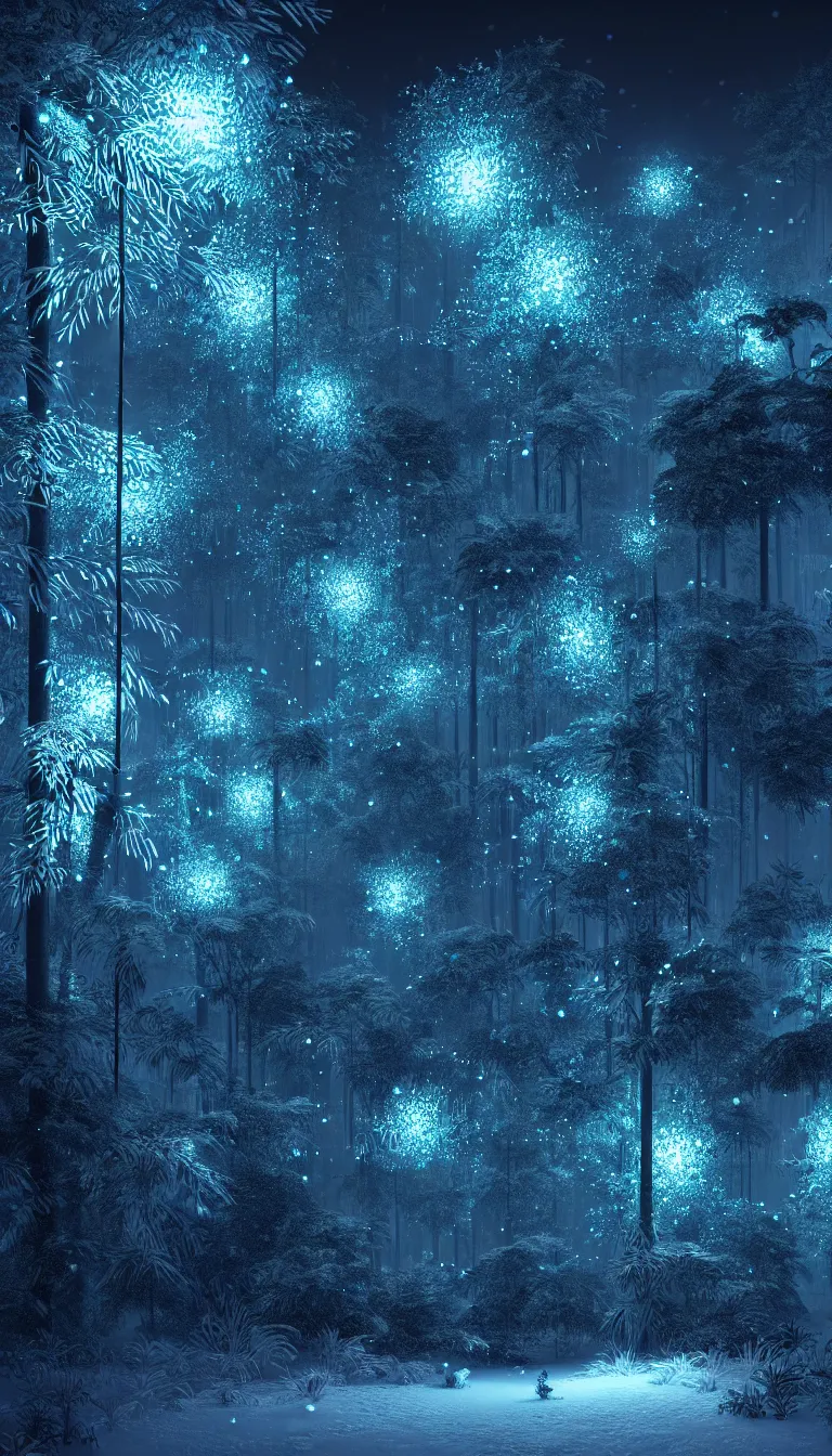 Prompt: highly detailed photo of snowflakes glowing in dark night jungle, hyper realistic, art by greg rutsowski, concept art, 8 k detail post - processing