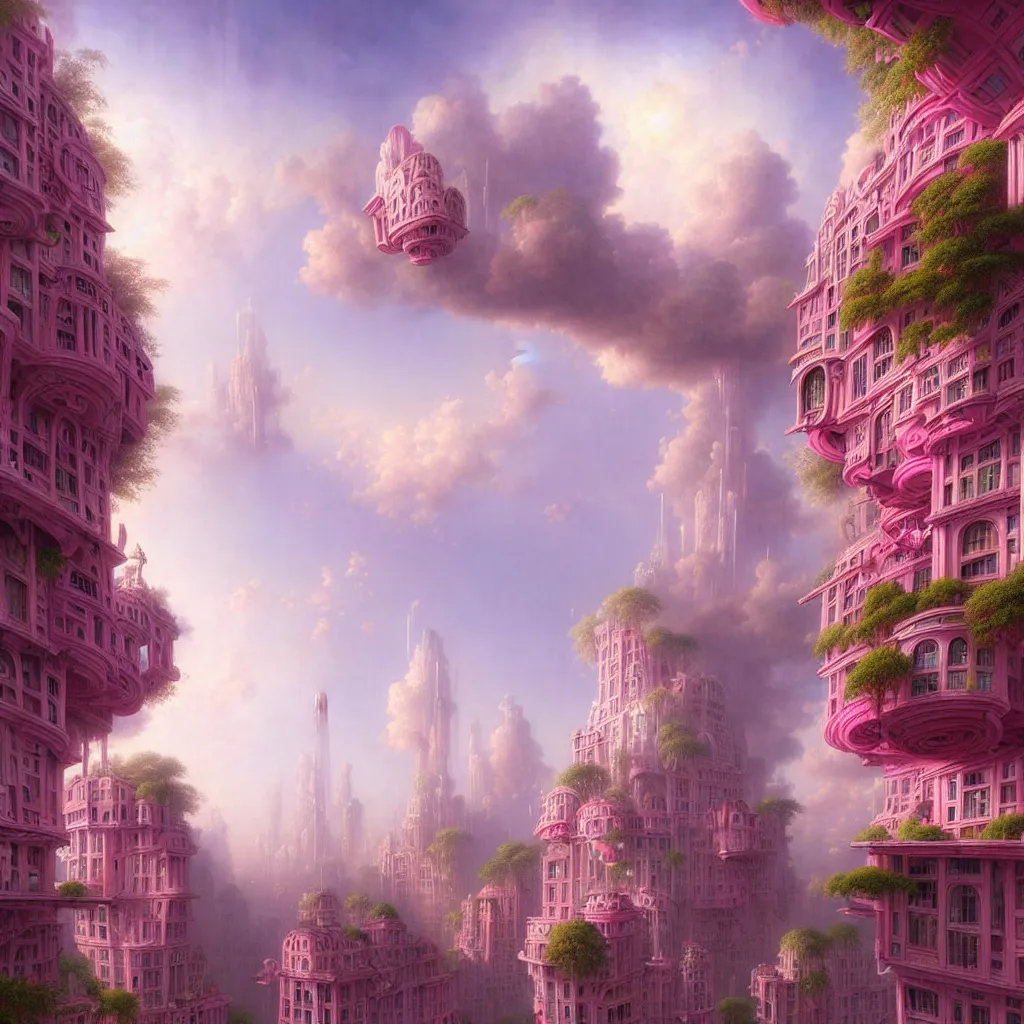 Prompt: a beautiful render of pink and white city in the air, by hubert robert, daniel merriam, roger dean and jacek yerka, alex grey style, soft lighting,, 5 - dimensional, 5 d, overdimensional