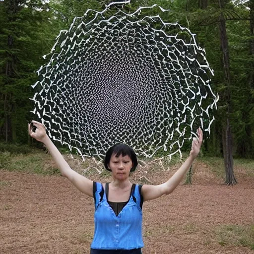 Prompt: A land art. A rip in spacetime. Did this device in her hand open a portal to another dimension or reality?! by Jacob Hashimoto somber