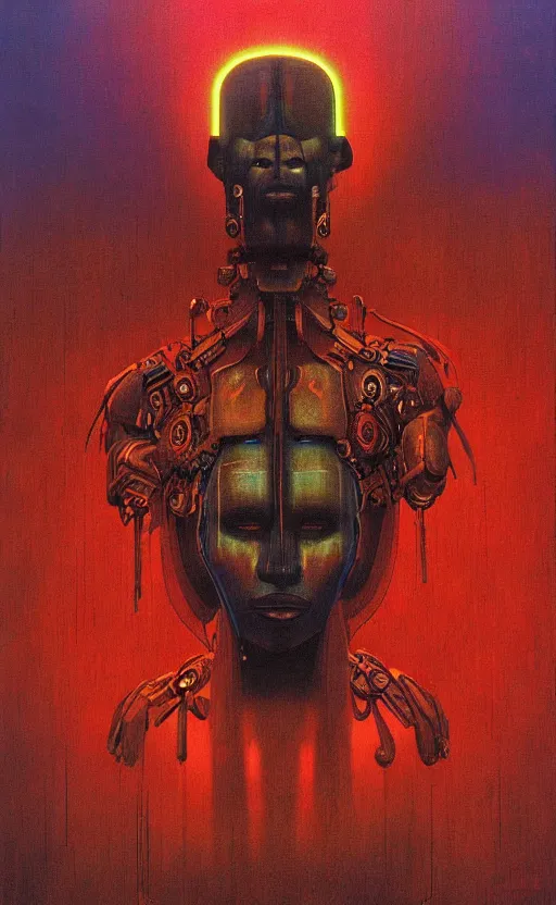 Image similar to portrait of mecha african tribal chief, symmetrical, dramatic lighting, colourful, art by zdzislaw beksinski,