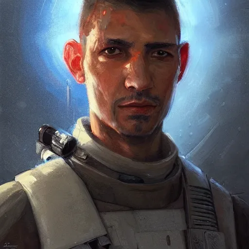 Image similar to portrait of a man by greg rutkowski, a soldier of the new galactic republic, wearing a white, blue and orange tactical gear, star wars expanded universe, highly detailed portrait, digital painting, artstation, concept art, smooth, sharp foccus ilustration, artstation hq