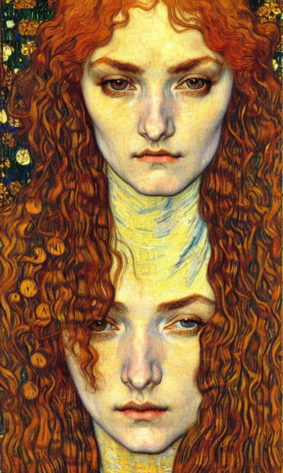 Image similar to detailed realistic beautiful young medieval queen face portrait by jean delville, gustav klimt and vincent van gogh, art nouveau, symbolist, visionary, gothic, pre - raphaelite, muted earthy colors, desaturated