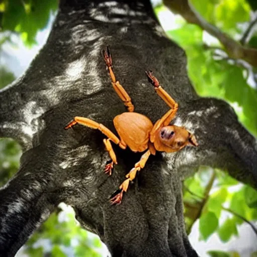 Prompt: “ a brown chihuahua dog that looks like a scorpion, in a tree, photo, realistic ”