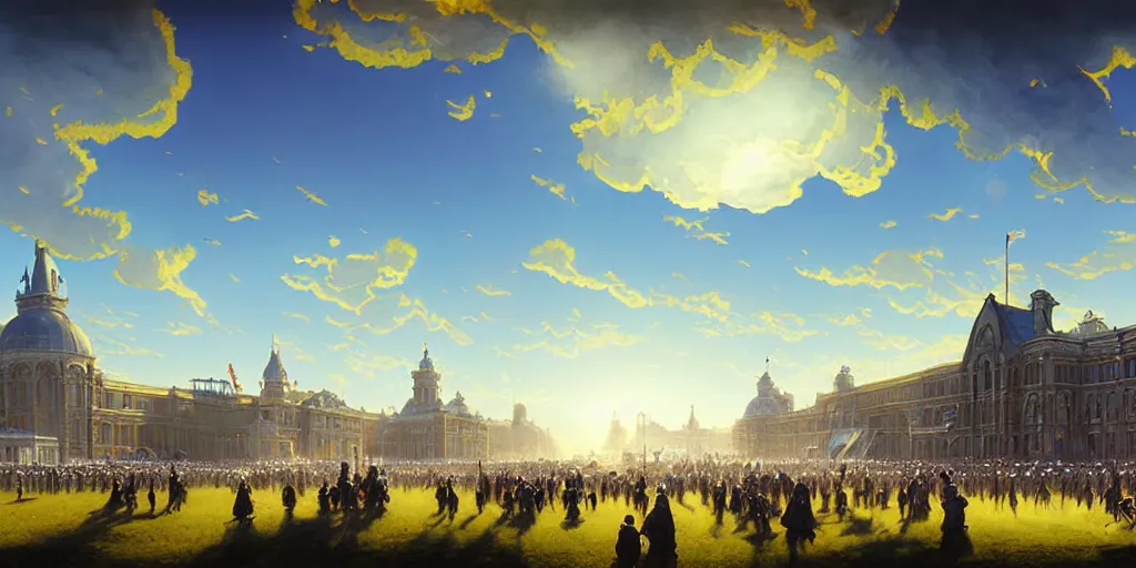 Prompt: a grand victorian parade ground, blue sky, sunny, detailed, volumetric, cinematic lighting, realistic, digital art by greg rukowski