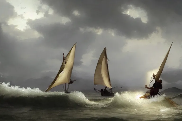 Image similar to ancient historically accurate depiction of Bible Character walking on water during a storm, a small fishing sailboat with scared sailors on board, dramatic lighting by frank miller, illustration by Ruan Jia and Mandy Jurgens and William-Adolphe Bouguereau, Artgerm, 4k, digital art, surreal, space dandy style, highly detailed, godsend, artstation, digital painting, concept art, smooth, sharp focus, illustration by Ruan Jia and Mandy Jurgens and William-Adolphe Bouguereau, Artgerm