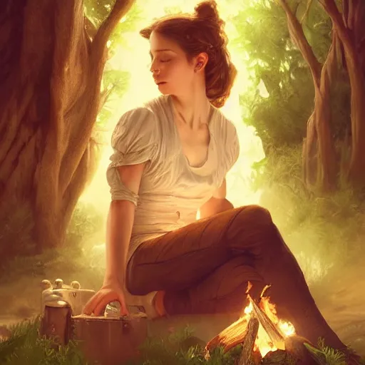Prompt: epic portrait a scout woman sitting by campfire, beauty, pretty face, glossy skin, glowing, digital painting, artstation, concept art, soft light, hdri, smooth, sharp focus, illustration, fantasy, intricate, elegant, highly detailed, D&D, matte painting, in the style of Greg Rutkowski and Alphonse Mucha and artemisia, 8k, highly detailed, jurgens, rutkowski, bouguereau, pastoral, rustic, georgic