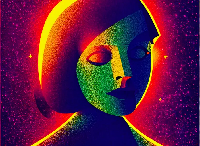 Image similar to portrait of a young astronaut girl, colorful,modern art deco, Mads Berg, Karolis Strautniekas, stippled light, fine texture, editorial illustration, dramatic lighting, dynamic composition, detailed, matte print