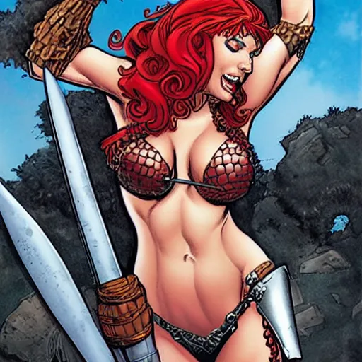 Image similar to Red Sonja portrait by J. Scott Campbell, sly smile. Rule of thirds.