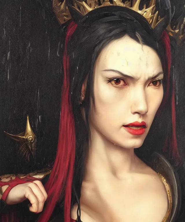 Prompt: the portrait of ( ( ( ( ( akali from league of legends ) ) ) ) ) in black wax crown by roberto ferri, dark fantasy, witcher, very detailed oil painting, masterpiece, 8 k