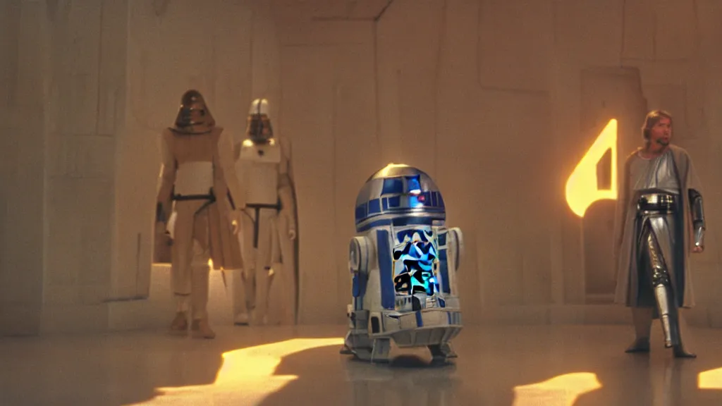 Prompt: film still Luke skywalker obi wan kenobi R2-D2 C-3PO tatooine sunset Star Wars a new hope 1977 studio ghibli animation
