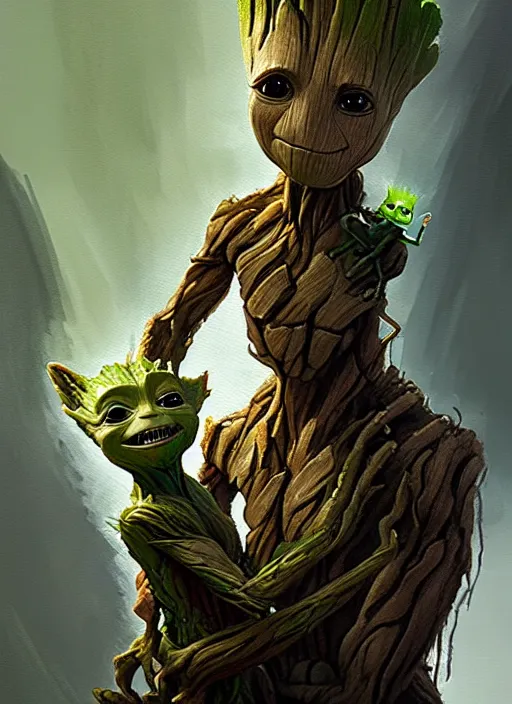 Image similar to very detailed masterpiece painting of groot holding yoda, portrait, artstation, concept art by greg rutkowski