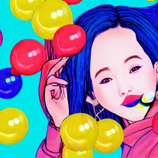 Prompt: an illustration that caricaturizes im nayeon of twice, colorful, bubbles, candy - coated, sugary sweet, yellows and blues