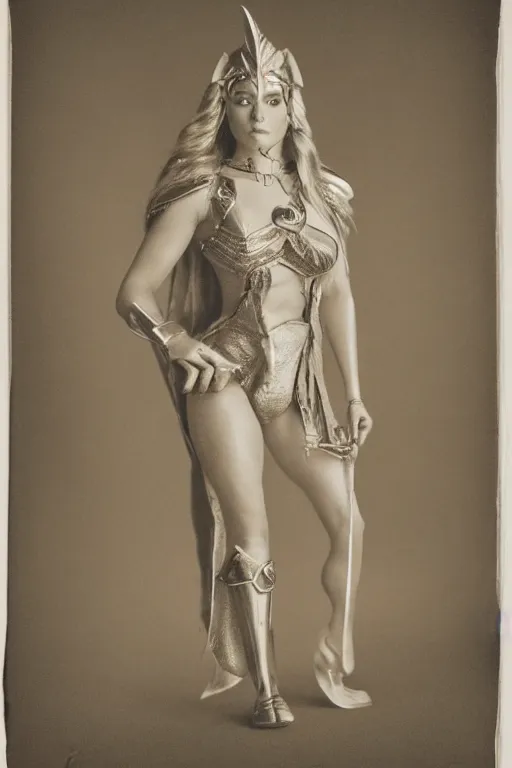 Prompt: she - ra, portrait, full body, symmetrical features, silver iodide, 1 8 8 0 photograph, sepia tone, aged paper, master prime lenses, cinematic