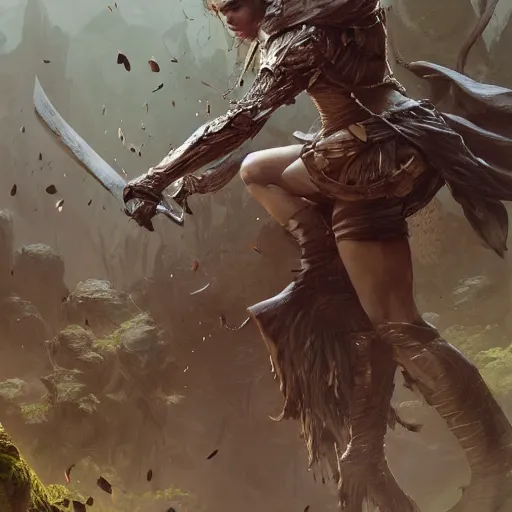 Image similar to portait of a heavily armoured emma watson swinging her long sword forest monster, front game card, drark, marvel comics, dark, intricate, highly detailed, smooth, artstation, digital illustration by ruan jia and mandy jurgens and artgerm and wayne barlowe and greg rutkowski and zdislav beksinski