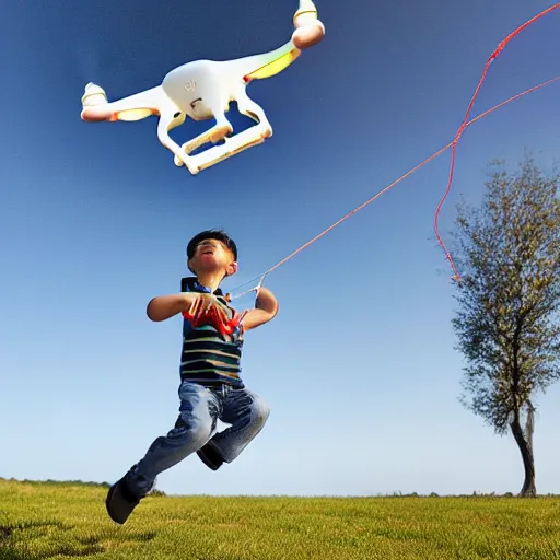 Image similar to a boy flying a kite with the shape of a drone tied to a string.