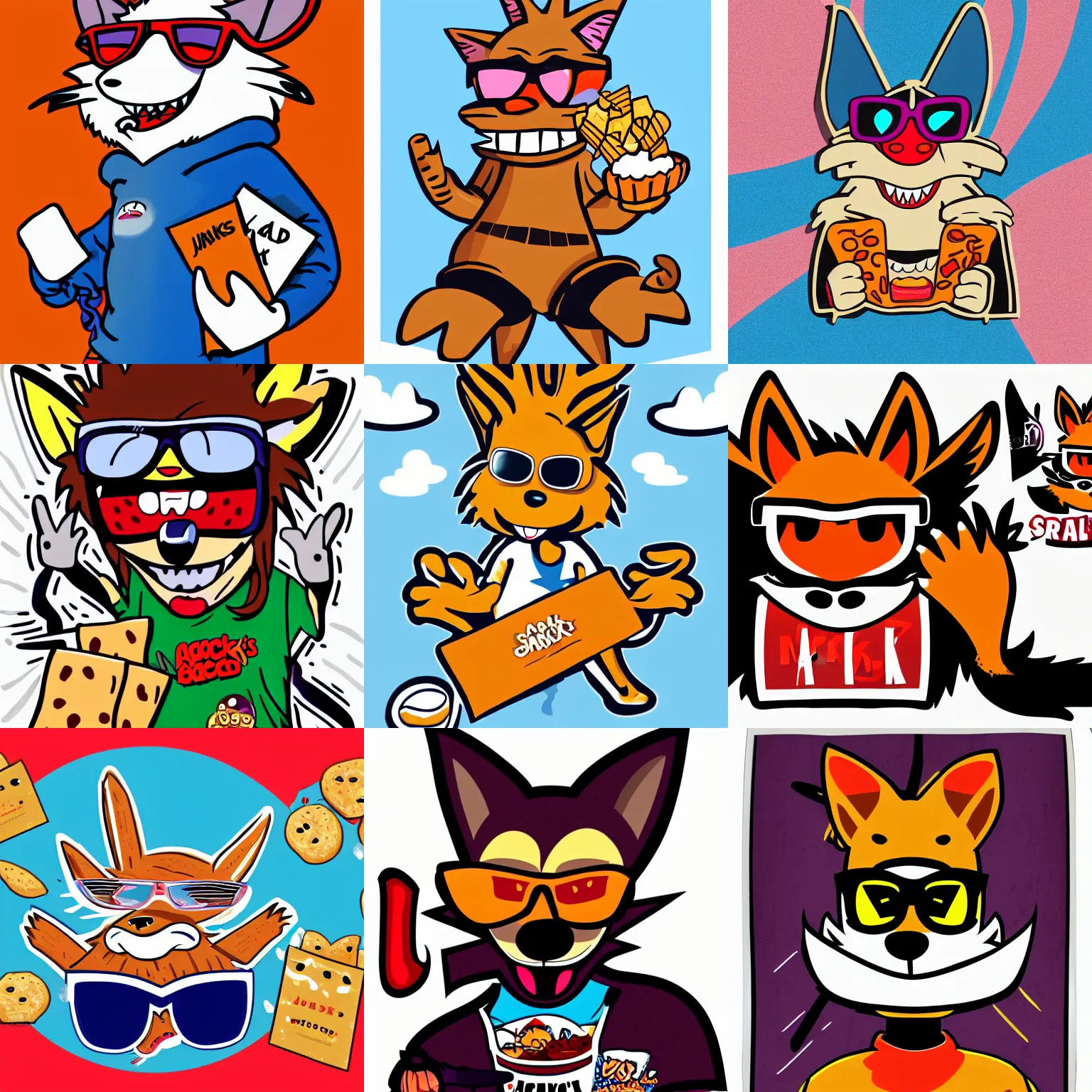 Prompt: a bag of snack jackals salted snack treats, featuring the hip and edgy jackal mascot snackals the jackal, cartoon jackal wearing sunglasses and a hoodie, mascot illustration, 9 0 s food mascot, 9 0 s cartoon jackal, furry jackal, furry art