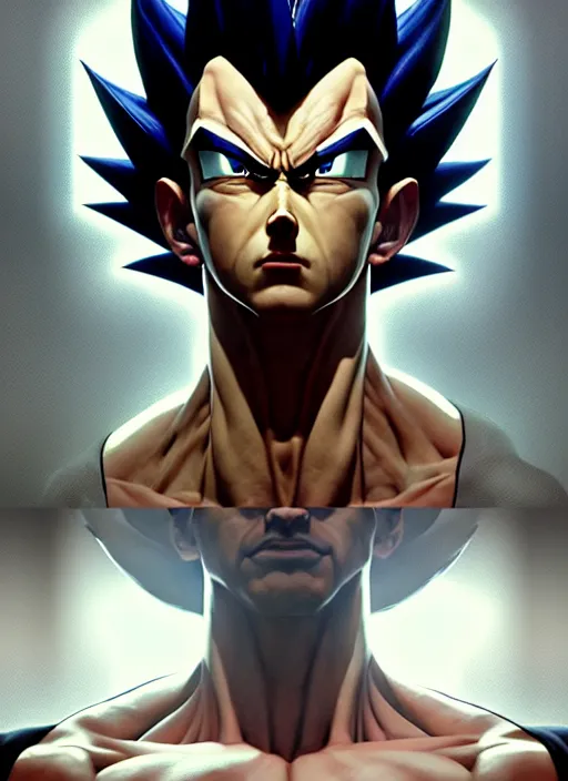 Image similar to by greg rutkowski, symmetry, concept art by artgerm, distance portrait of a hyper realistic prince vegeta, intense, epic, ssj, alphonse mucha, octane render, highly detailed, high quality, 8 k, soft lighting, path traced, and uang guangjian and gil elvgren, symmetry!!