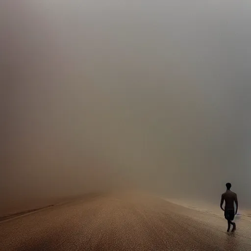 Prompt: “8k photograph of a man running into a dust storm at the sea. National Geographic. Dark.”